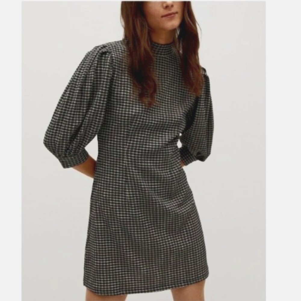 Mango Black & White Checked Puff Sleeve Long Sleeve Dress